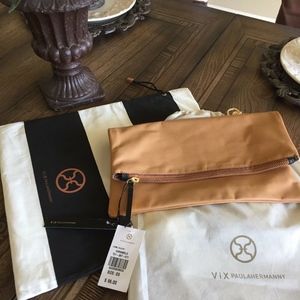 LEATHER CAMEL FOLD OVER CLUTCH BAG BY VIX